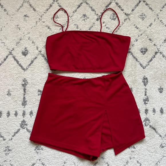 SHEIN Pants - Red Crop Cami and Pull-On Skort Set with Slit M/L